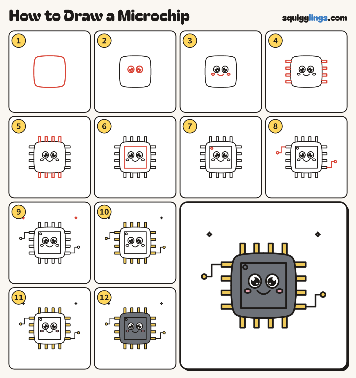 How to Draw a Microchip step by step: all 12 steps in one picture