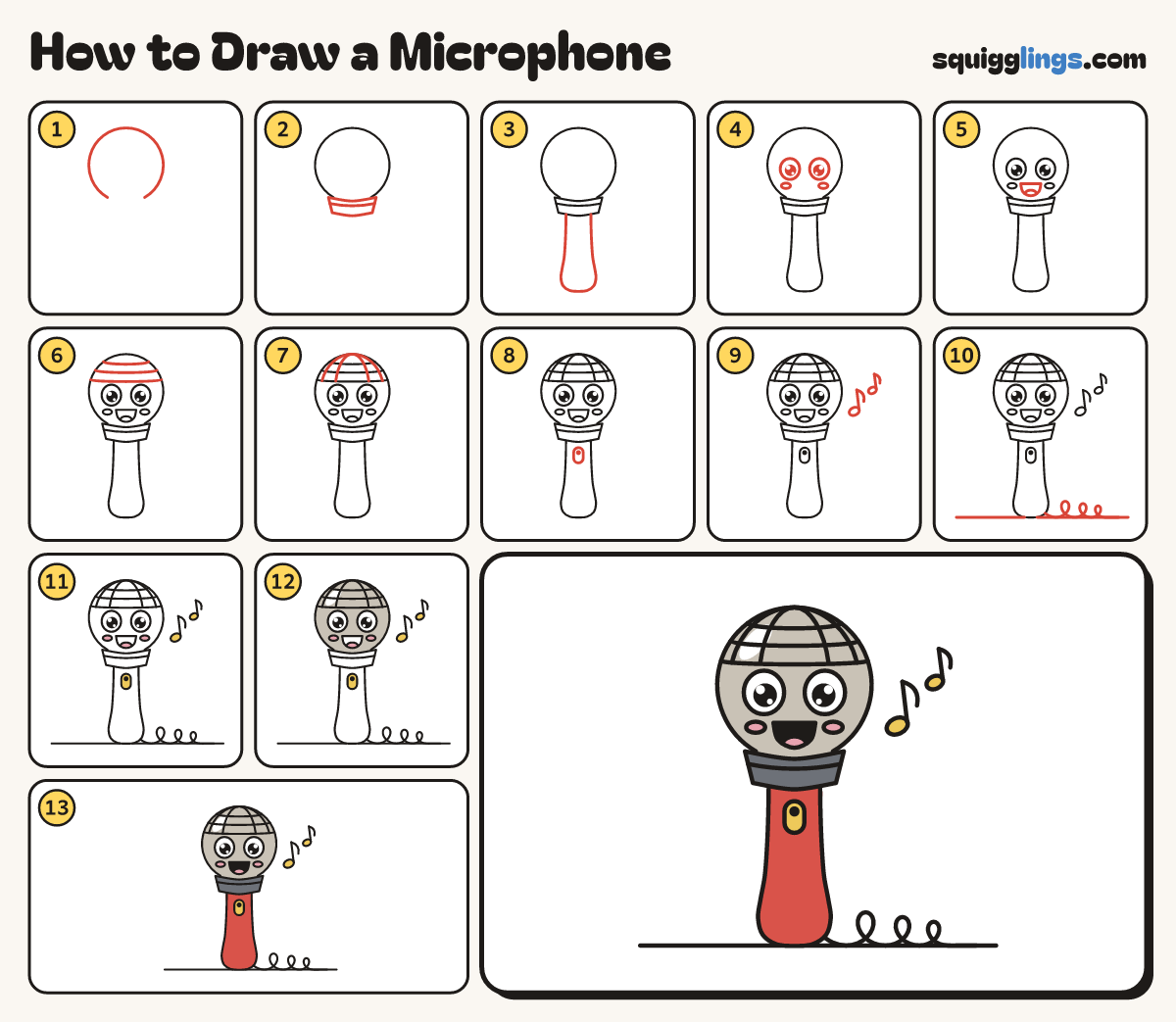 How to Draw a Microphone step by step: all 13 steps in one picture