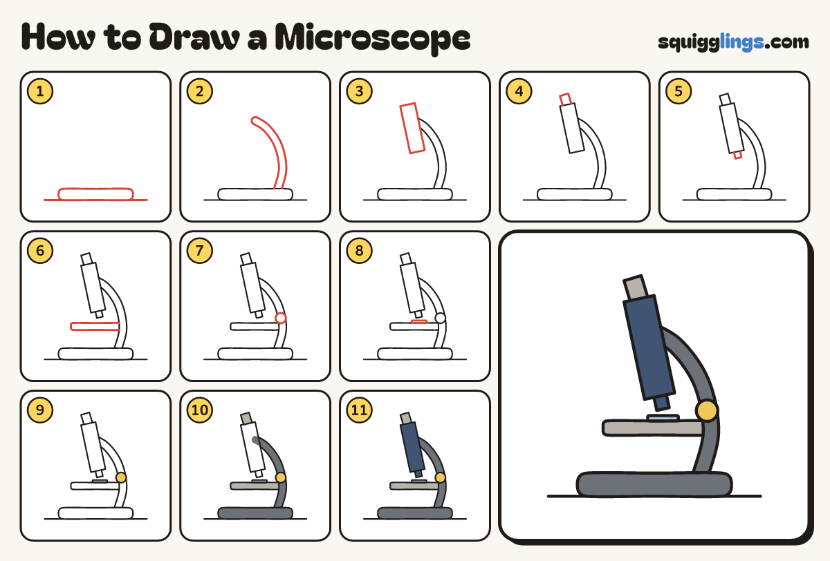 How to Draw a Microscope step by step: all 11 steps in one picture