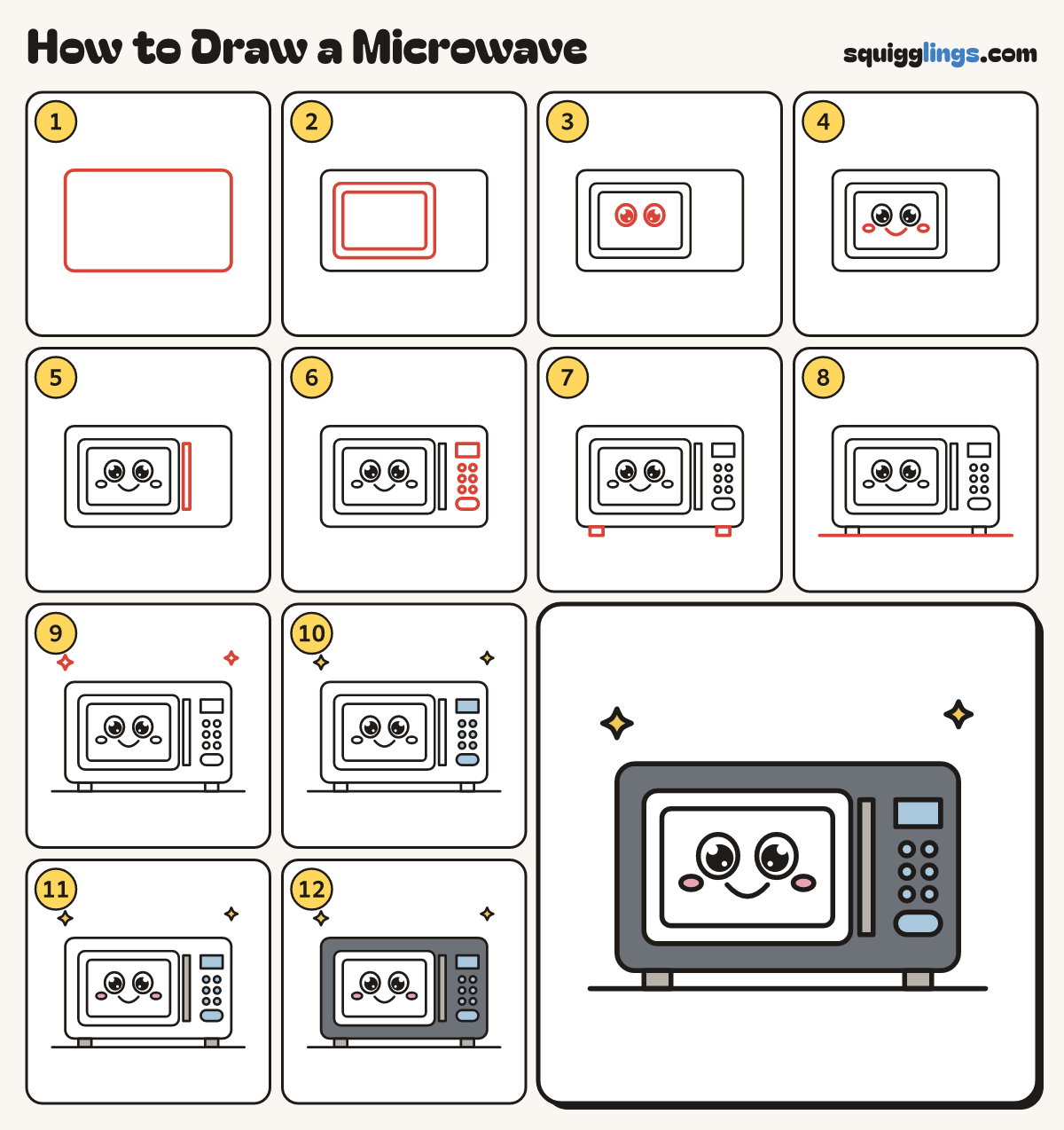How to Draw a Microwave step by step: all 12 steps in one picture