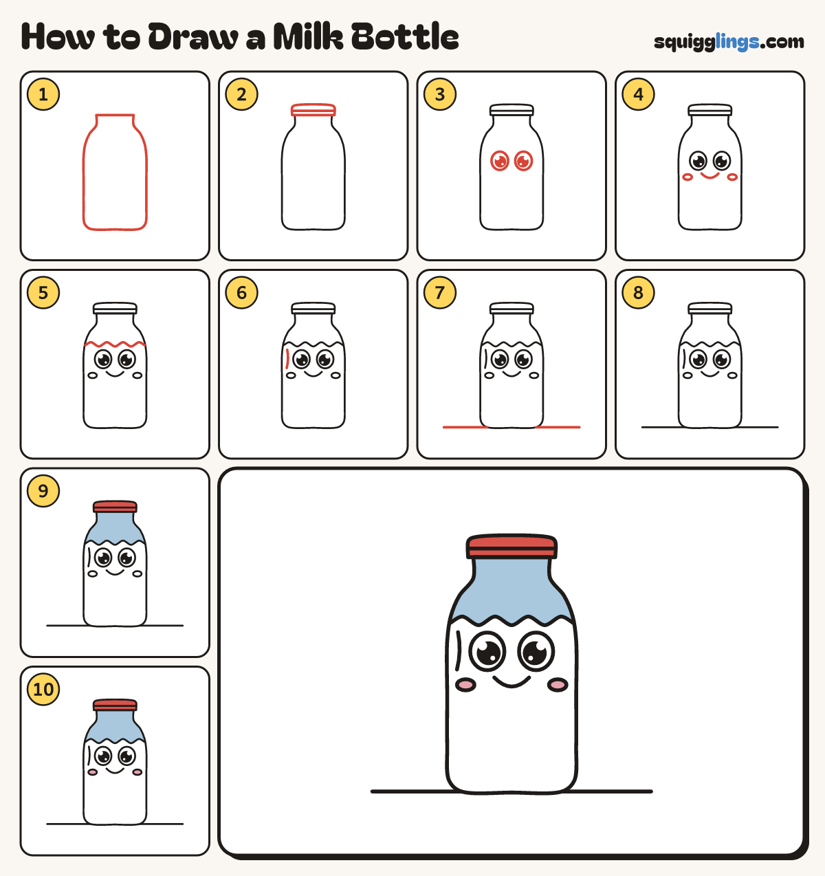 How to Draw a Milk Bottle step by step: all 10 steps in one picture