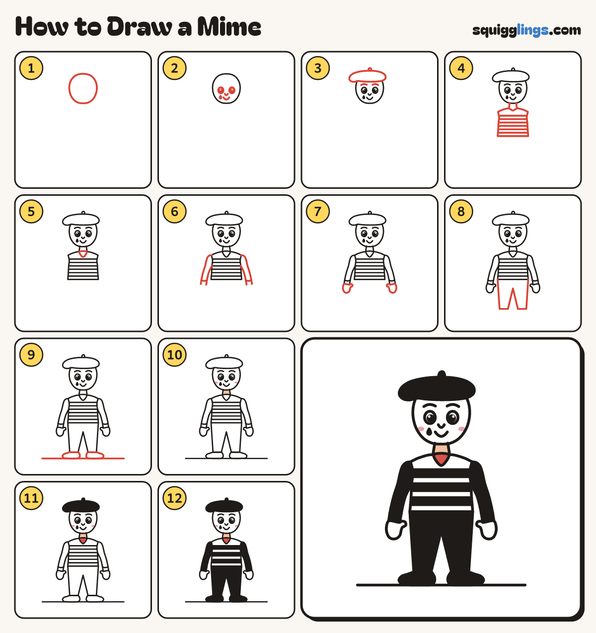 How to Draw a Mime step by step: all 12 steps in one picture