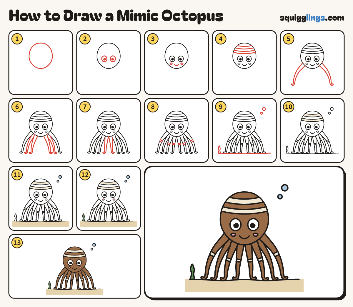 How to Draw a Mimic Octopus step by step: all 13 steps in one picture