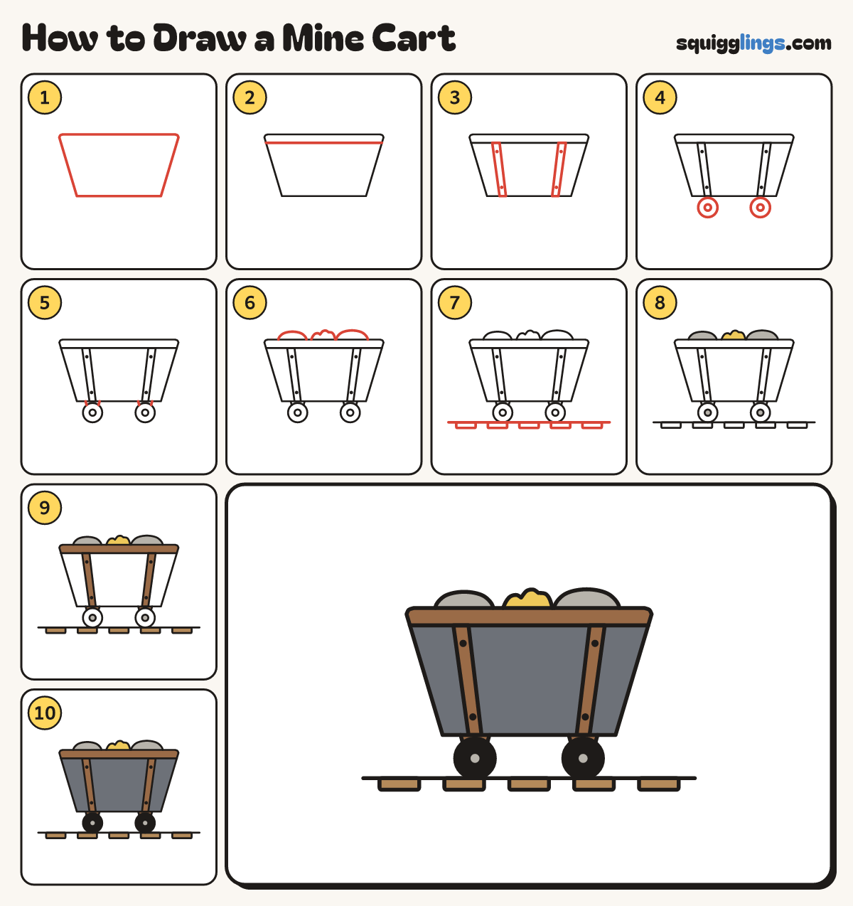 How to Draw a Mine Cart step by step: all 10 steps in one picture