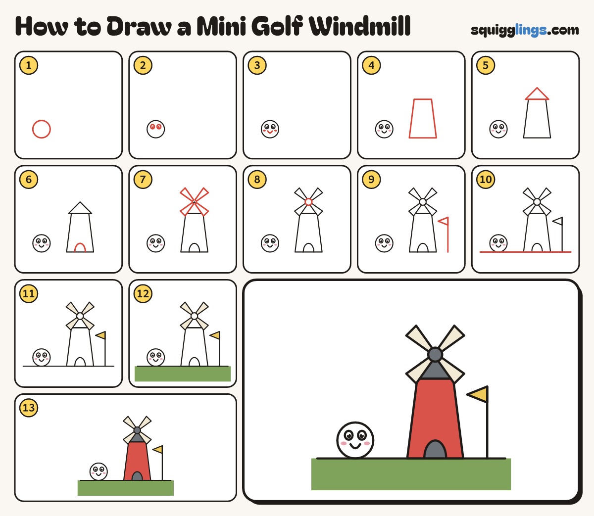 How to Draw a Mini Golf Windmill step by step: all 13 steps in one picture