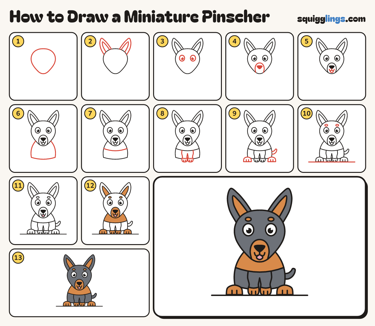 How to Draw a Miniature Pinscher step by step: all 13 steps in one picture