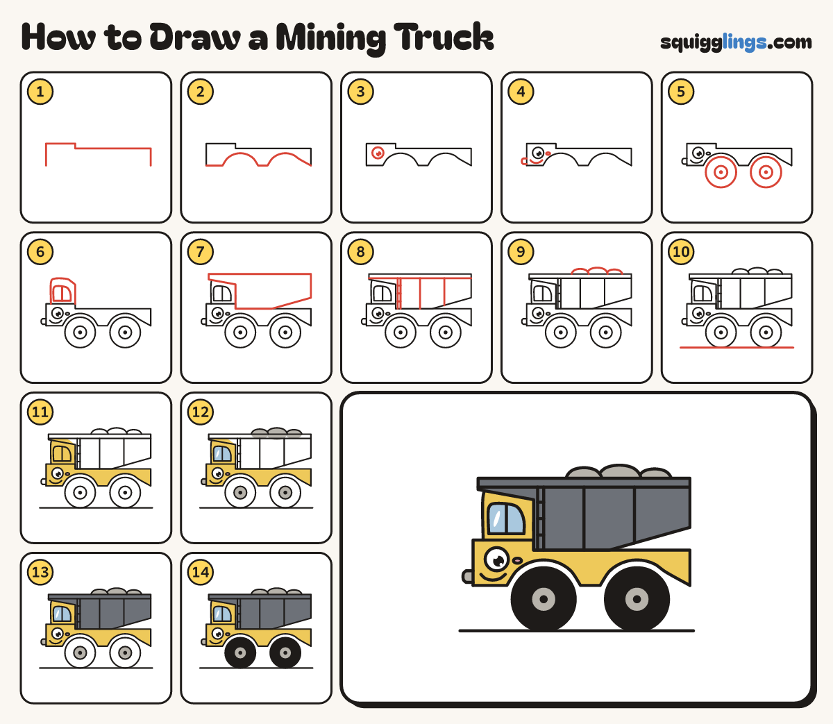 How to Draw a Mining Truck step by step: all 14 steps in one picture