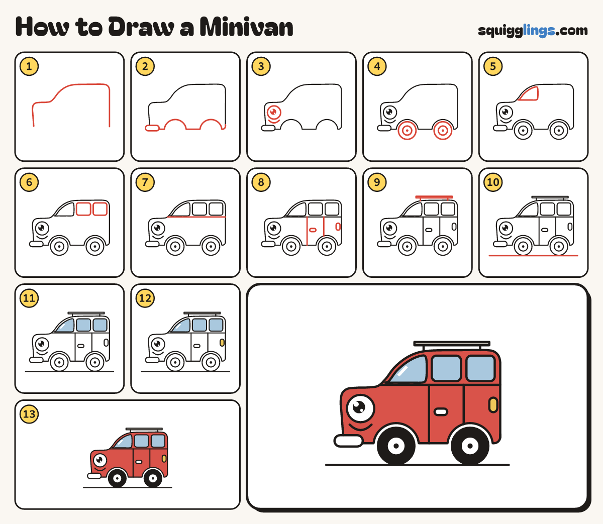 How to Draw a Minivan step by step: all 13 steps in one picture
