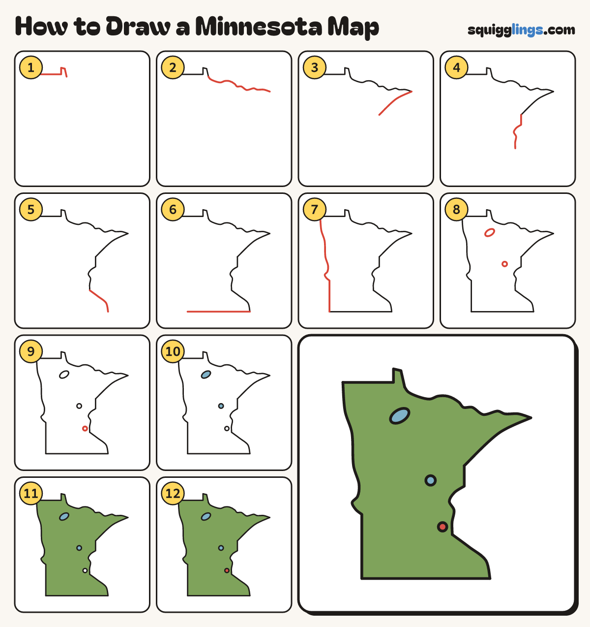 How to Draw a Minnesota Map step by step: all 12 steps in one picture