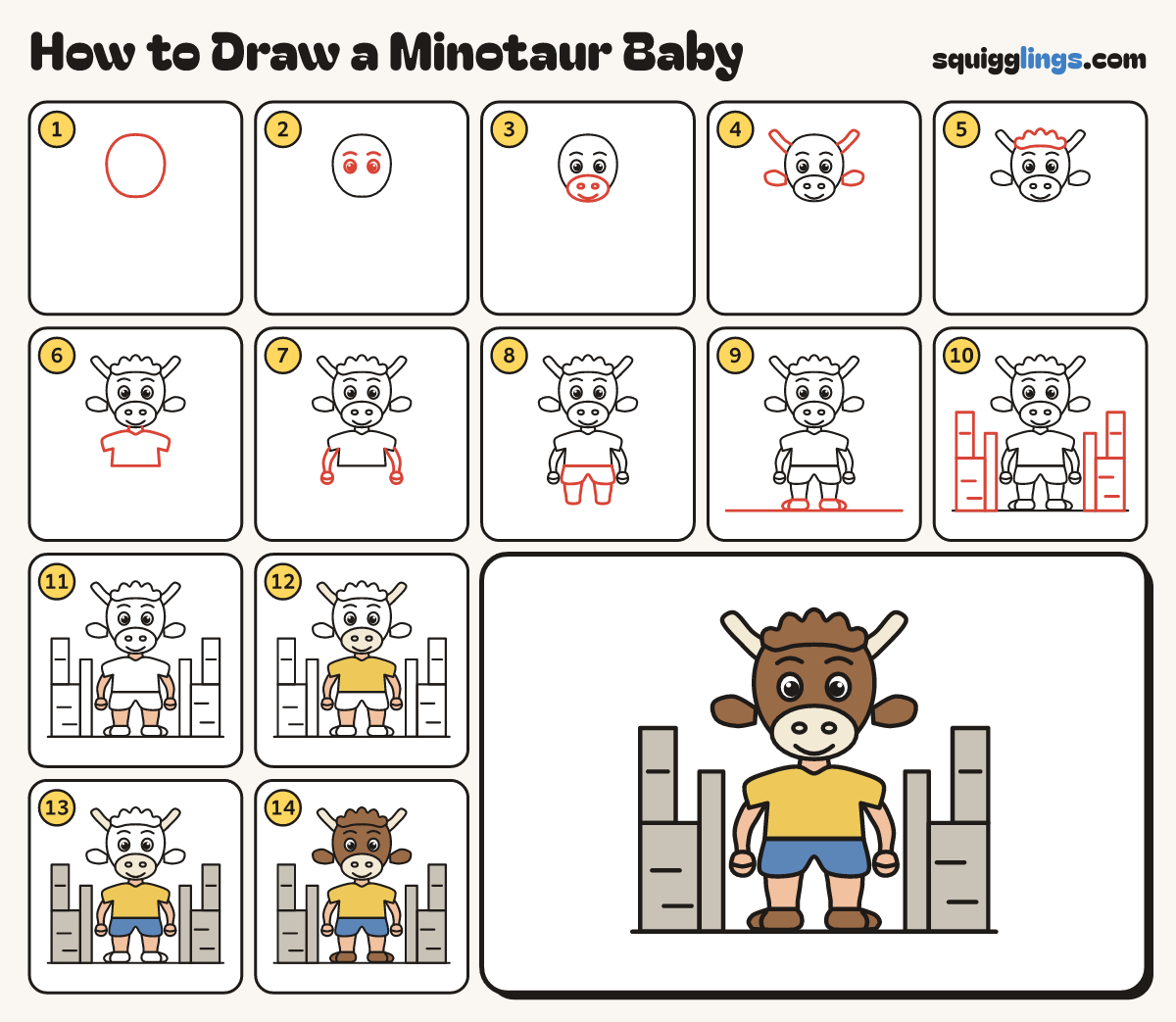 How to Draw a Minotaur Baby step by step: all 14 steps in one picture
