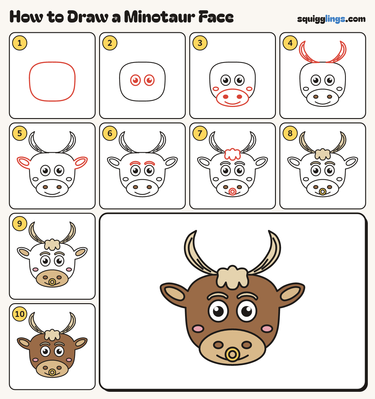 How to Draw a Minotaur Face step by step: all 10 steps in one picture