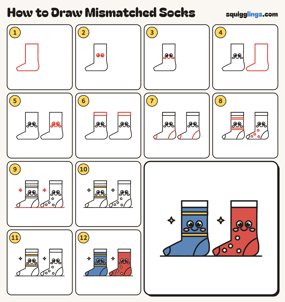 How to Draw Mismatched Socks step by step: all 12 steps in one picture