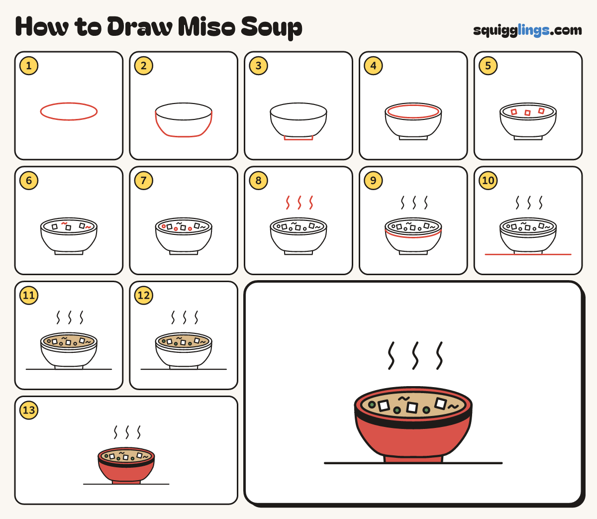 How to Draw Miso Soup step by step: all 13 steps in one picture