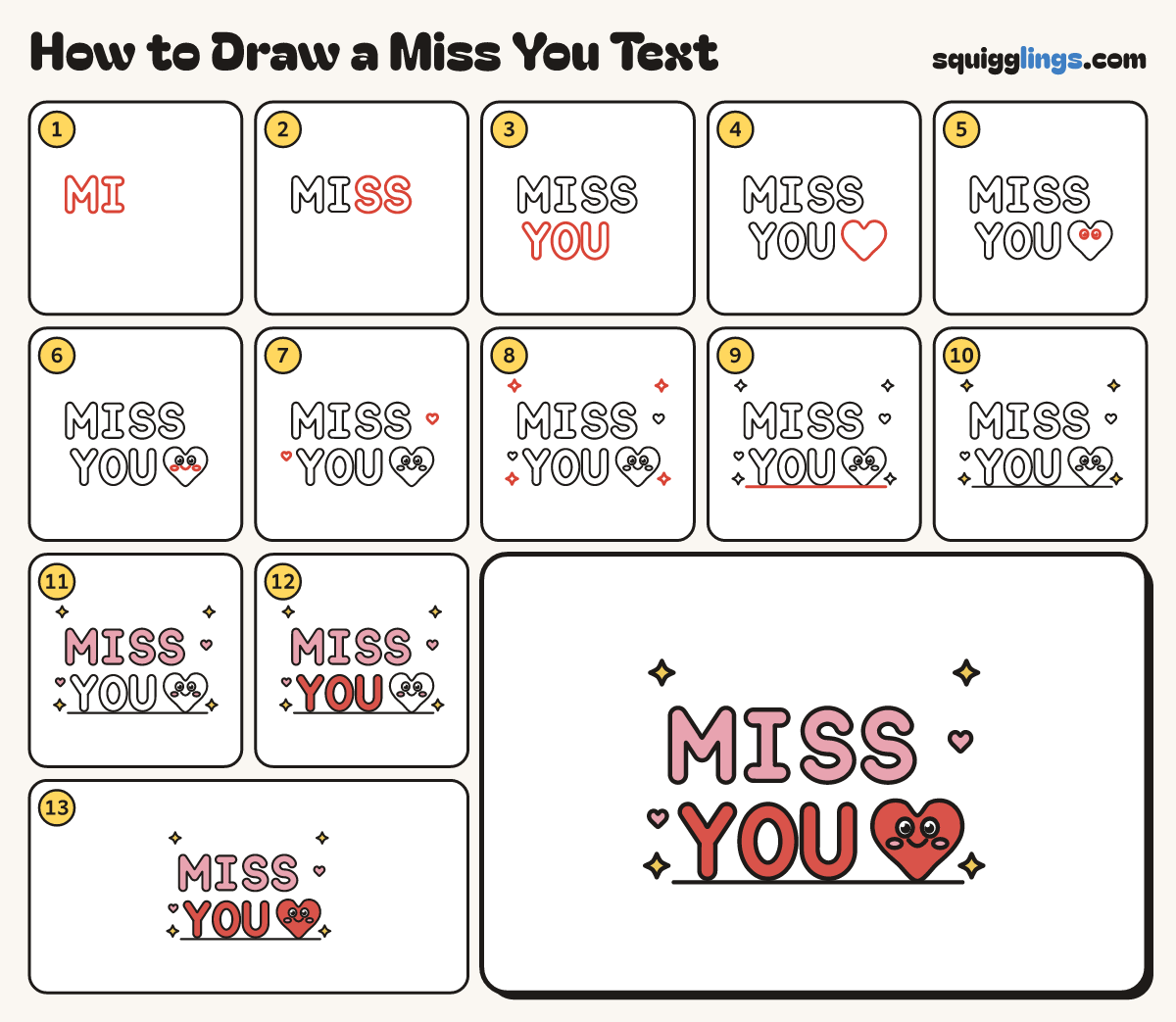 How to Draw a Miss You Text step by step: all 13 steps in one picture