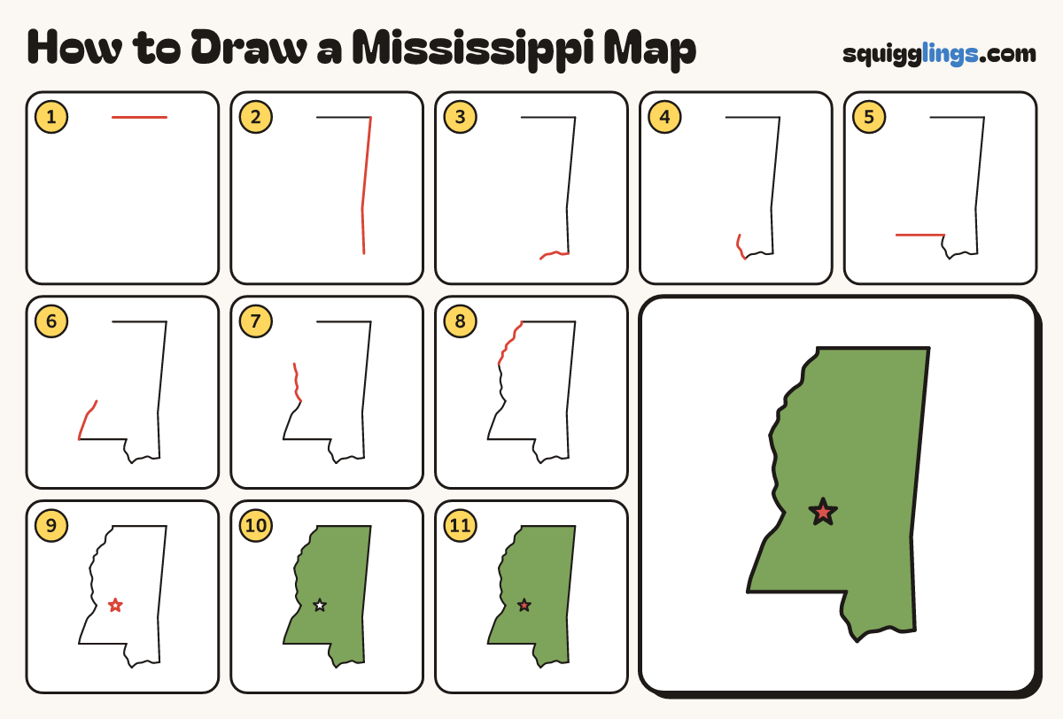 How to Draw a Mississippi Map step by step: all 11 steps in one picture