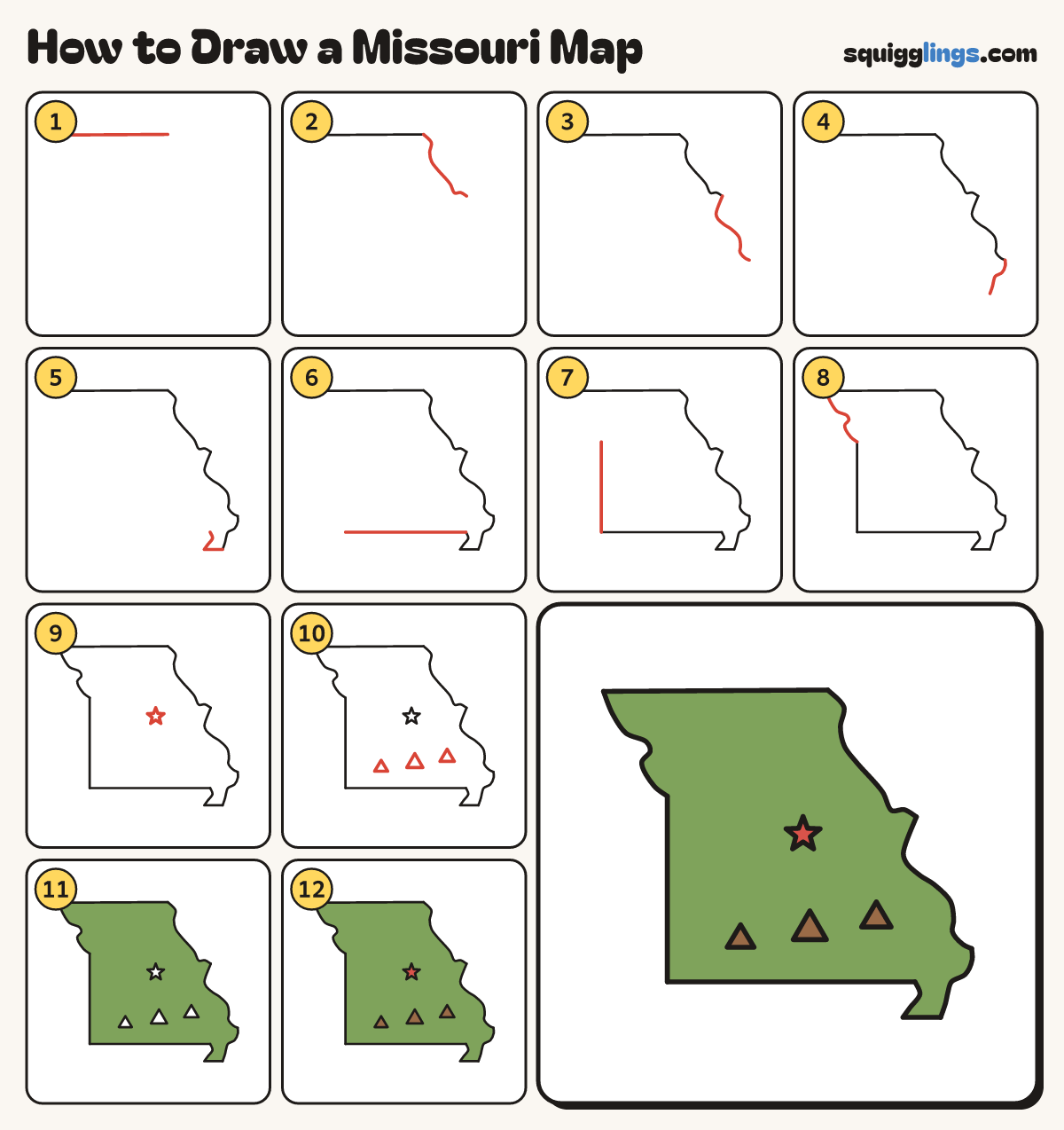 How to Draw a Missouri Map step by step: all 12 steps in one picture