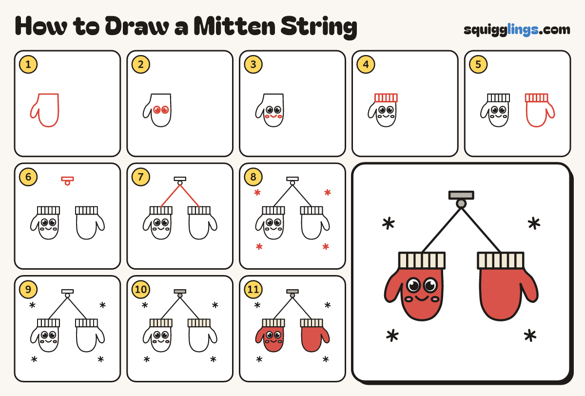 How to Draw a Mitten String step by step: all 11 steps in one picture