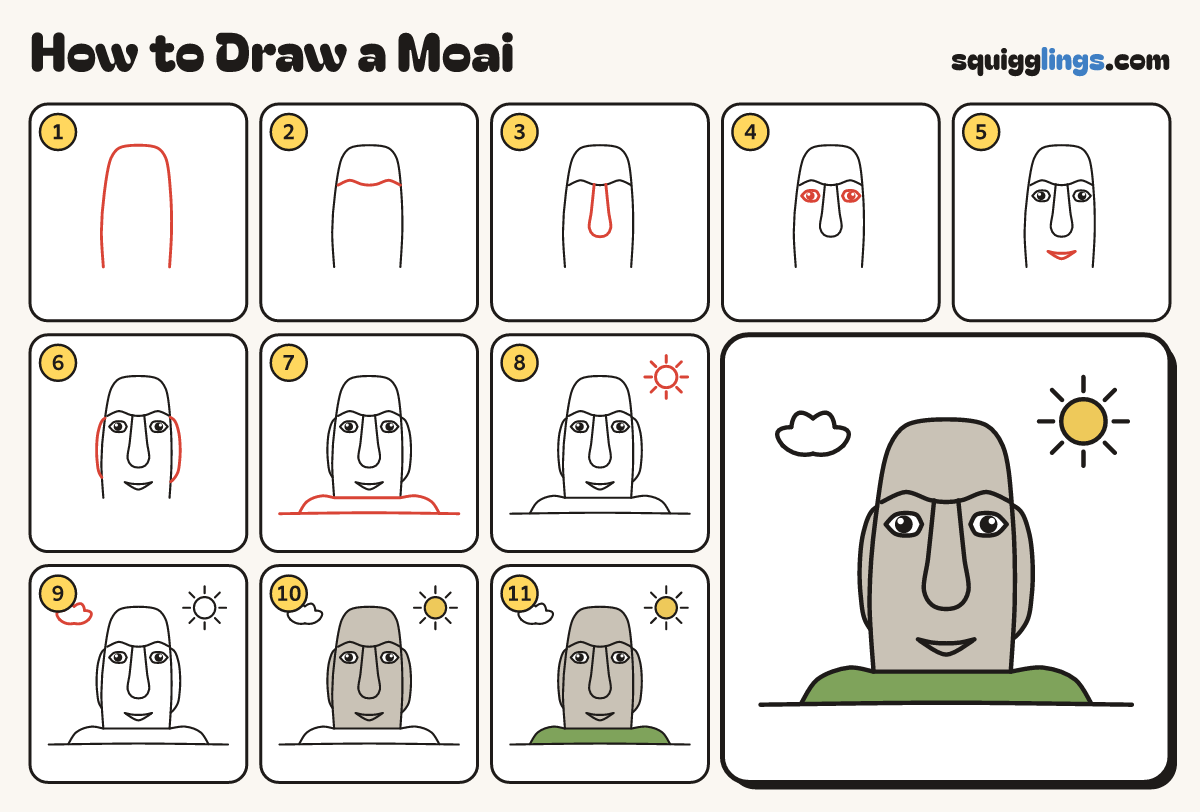 How to Draw a Moai step by step: all 11 steps in one picture