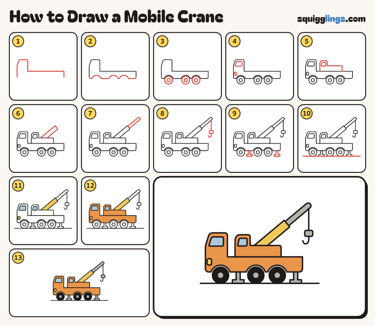How to Draw a Mobile Crane step by step: all 13 steps in one picture