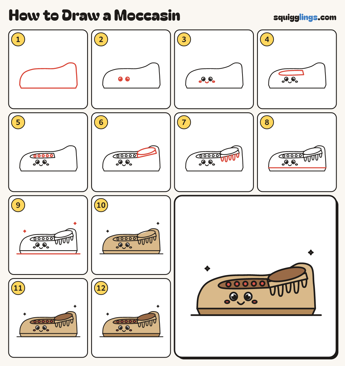 How to Draw a Moccasin step by step: all 12 steps in one picture