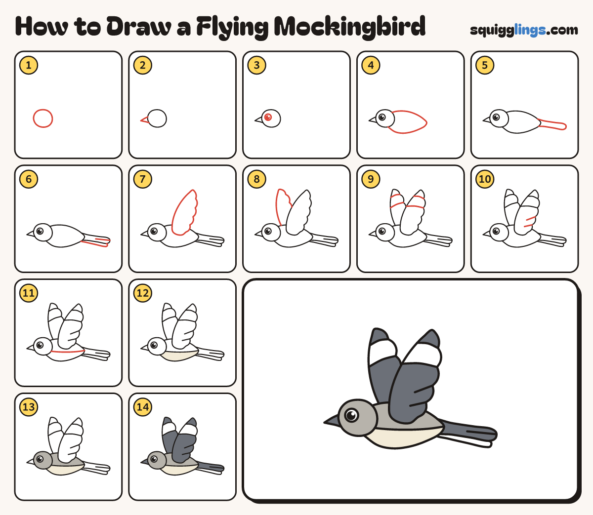 How to Draw a Flying Mockingbird step by step: all 14 steps in one picture