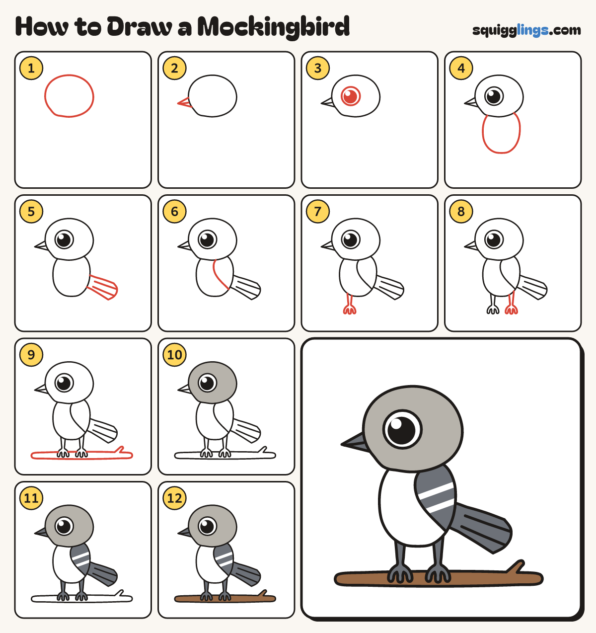 How to Draw a Mockingbird step by step: all 12 steps in one picture