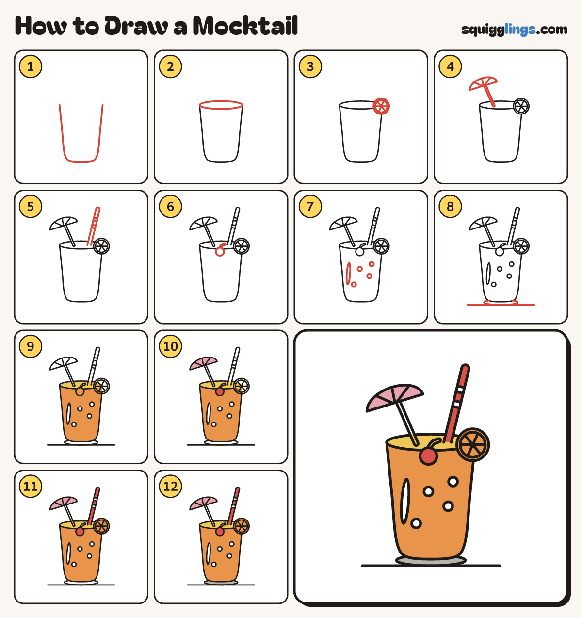 How to Draw a Mocktail step by step: all 12 steps in one picture