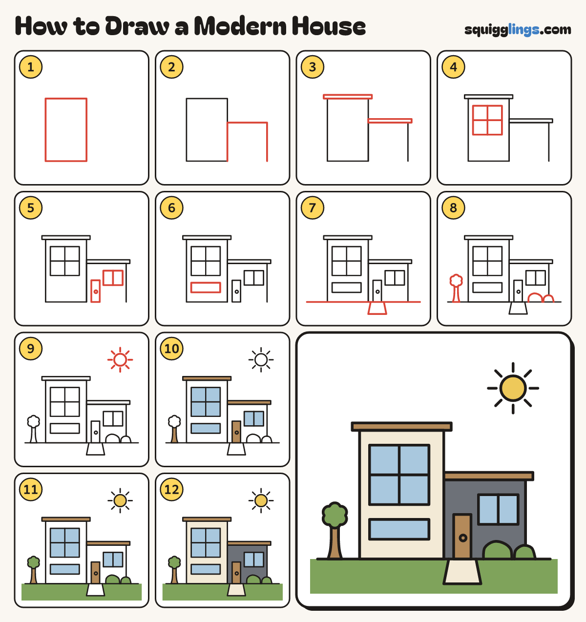 How to Draw a Modern House step by step: all 12 steps in one picture