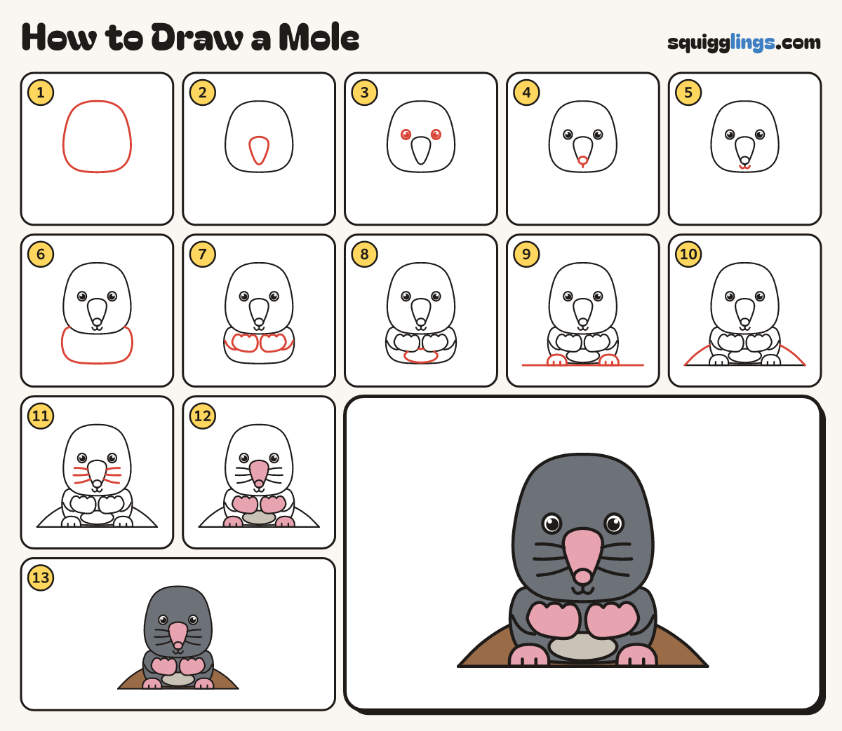 How to Draw a Mole step by step: all 13 steps in one picture