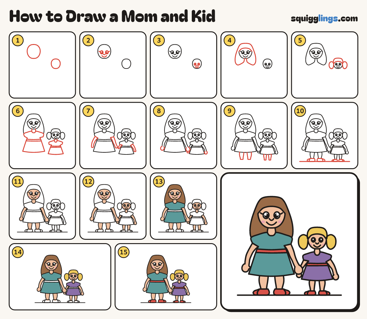 How to Draw a Mom and Kid step by step: all 15 steps in one picture