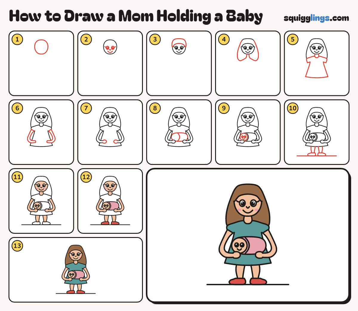 How to Draw a Mom Holding a Baby step by step: all 13 steps in one picture