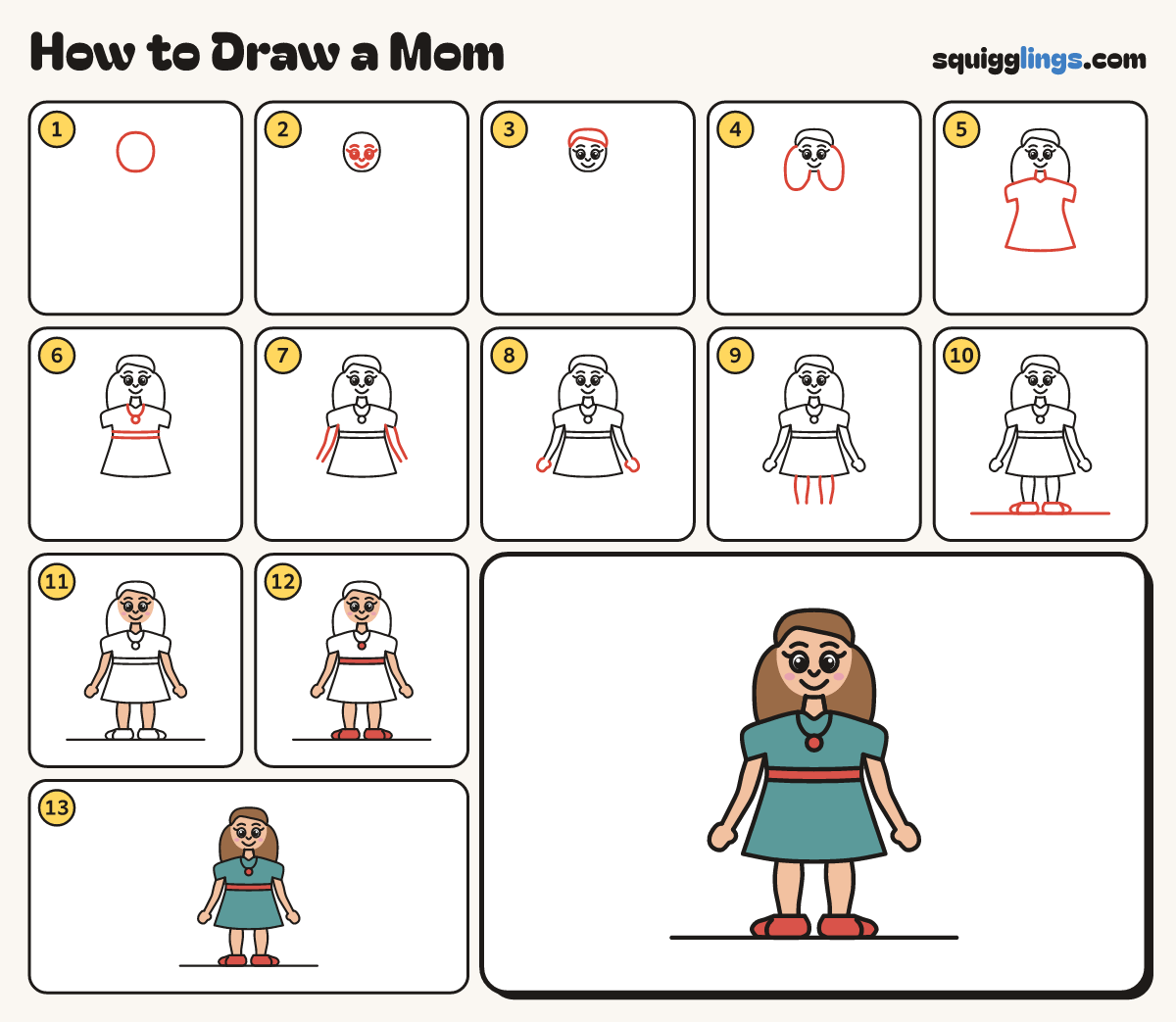 How to Draw a Mom step by step: all 13 steps in one picture