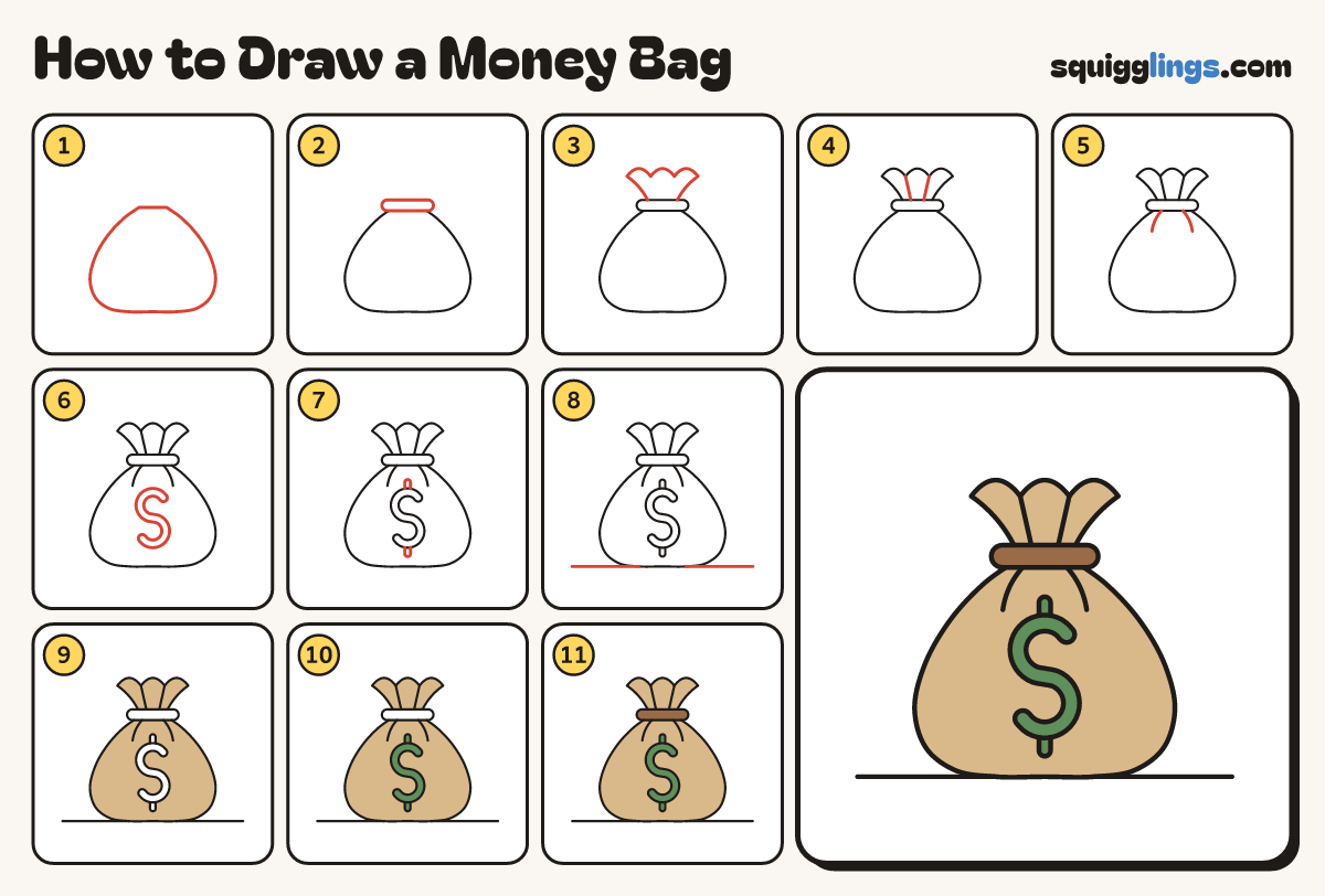 How to Draw a Money Bag step by step: all 11 steps in one picture