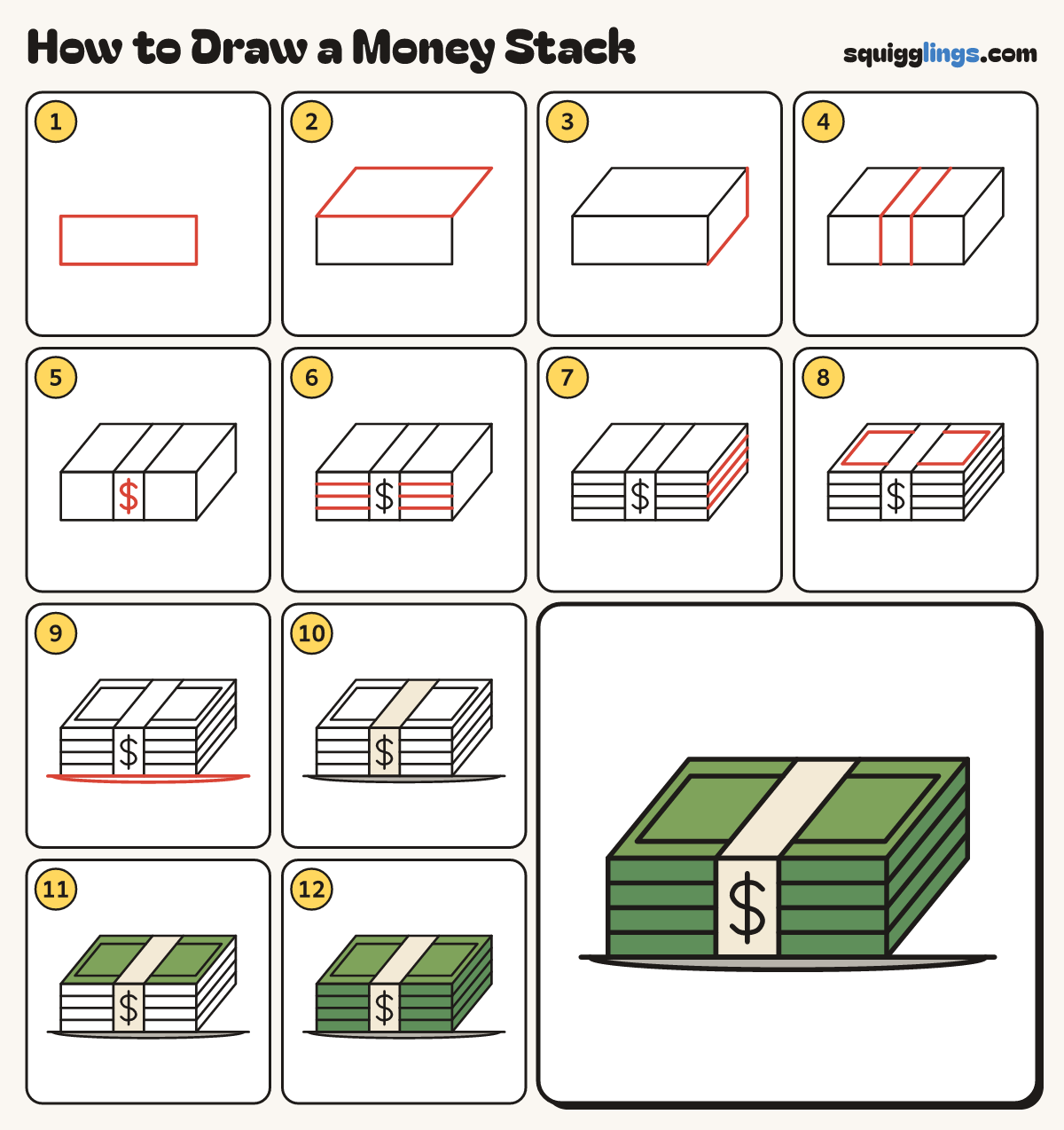 How to Draw a Money Stack step by step: all 12 steps in one picture