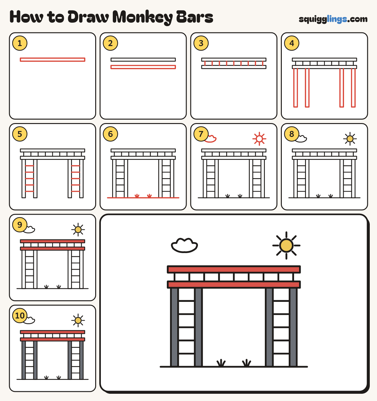 How to Draw Monkey Bars step by step: all 10 steps in one picture