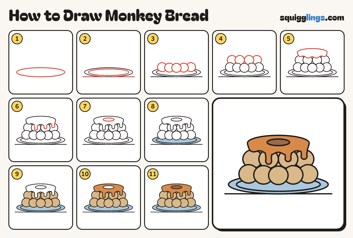 How to Draw Monkey Bread step by step: all 11 steps in one picture