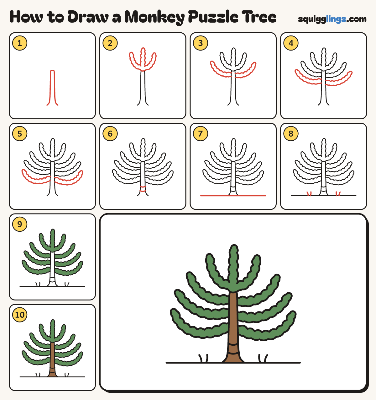 How to Draw a Monkey Puzzle Tree step by step: all 10 steps in one picture