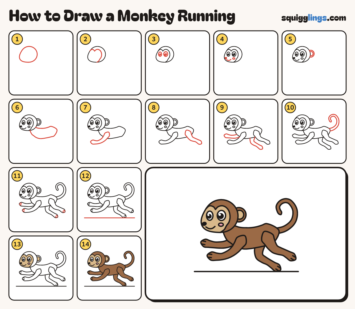 How to Draw a Monkey Running step by step: all 14 steps in one picture