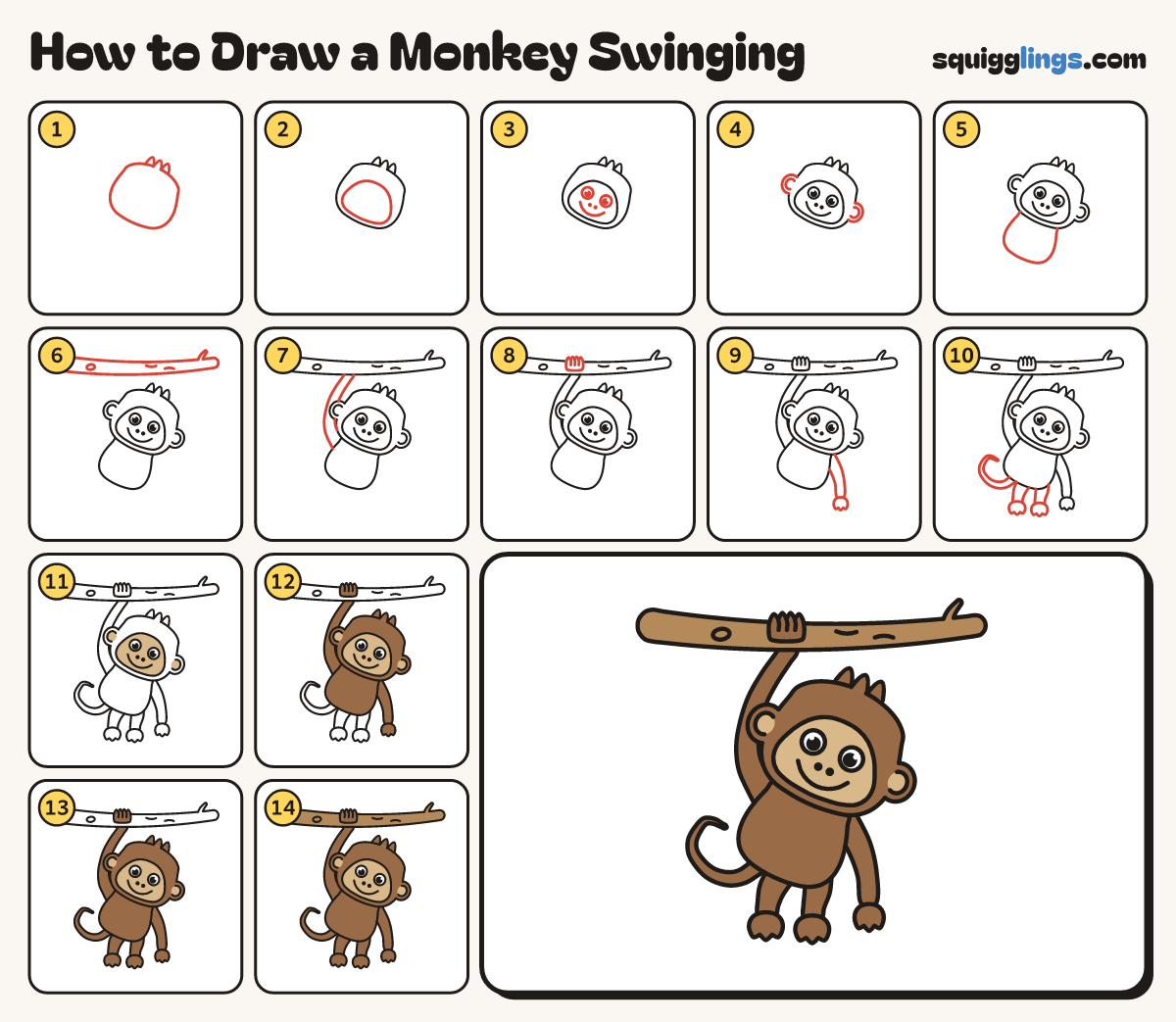How to Draw a Monkey Swinging step by step: all 14 steps in one picture