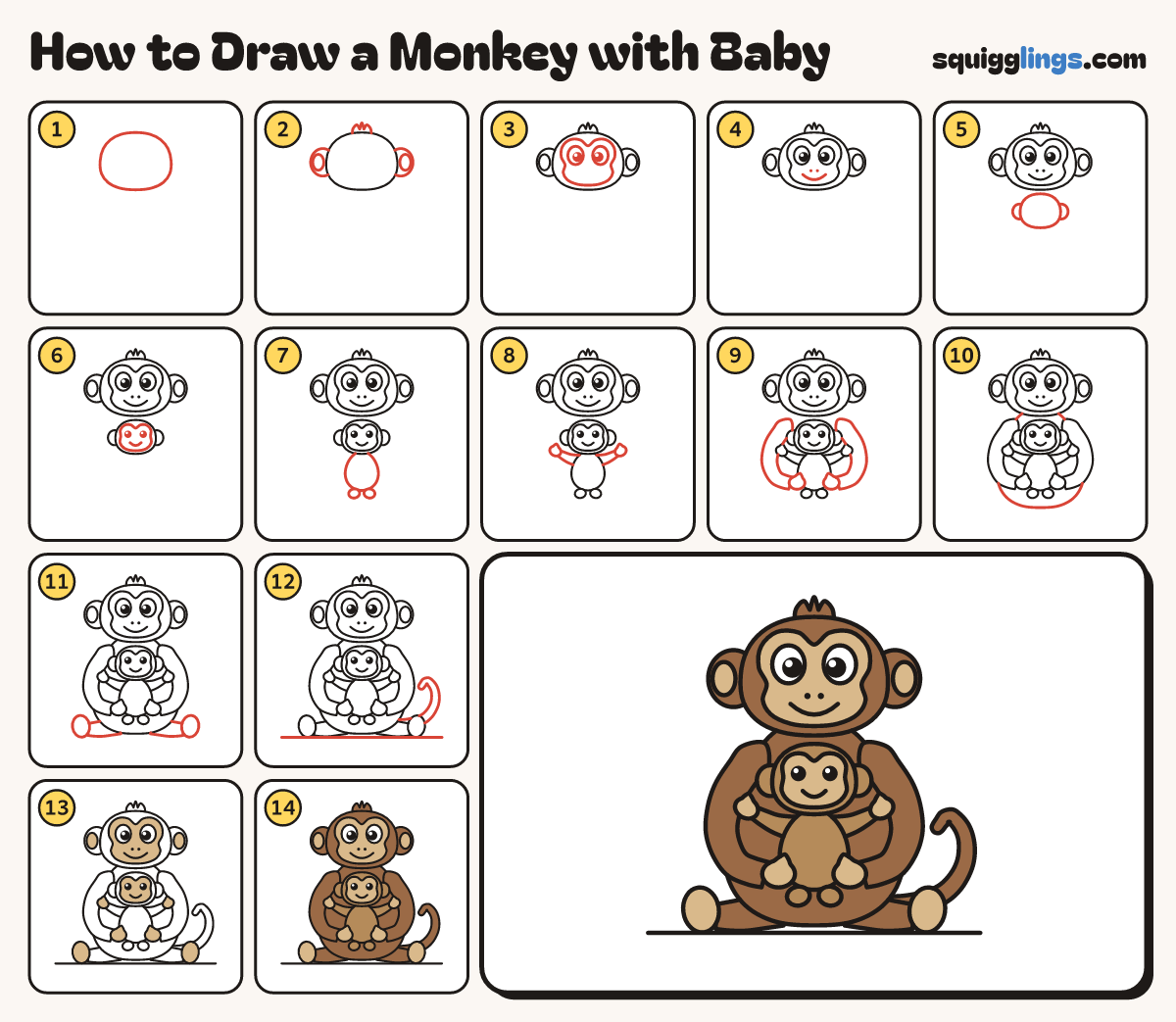 How to Draw a Monkey with Baby step by step: all 14 steps in one picture