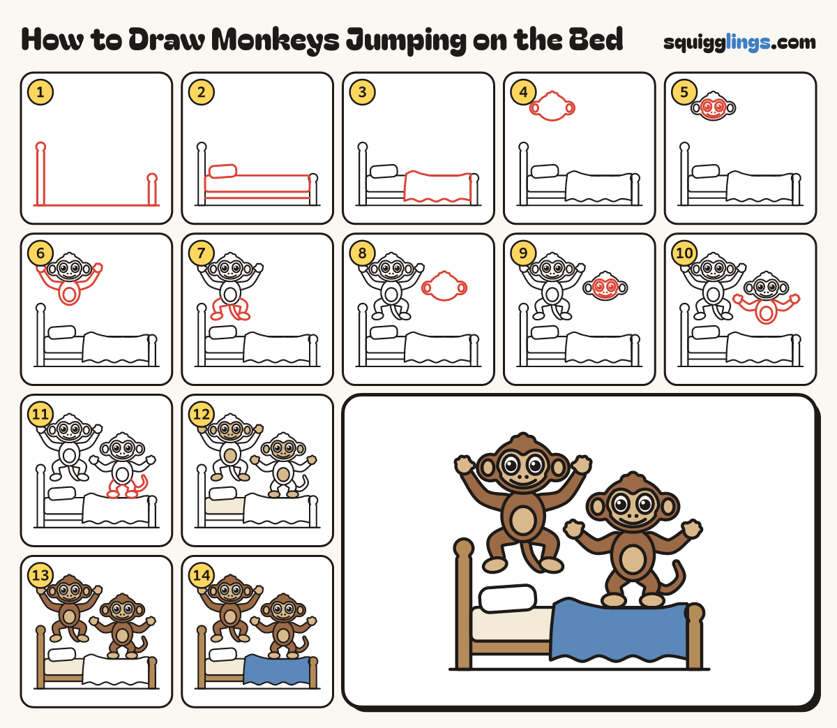 How to Draw Monkeys Jumping on the Bed step by step: all 14 steps in one picture