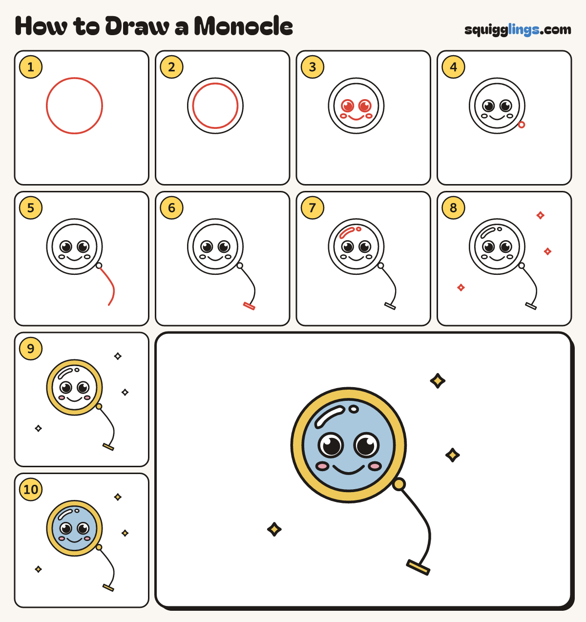 How to Draw a Monocle step by step: all 10 steps in one picture