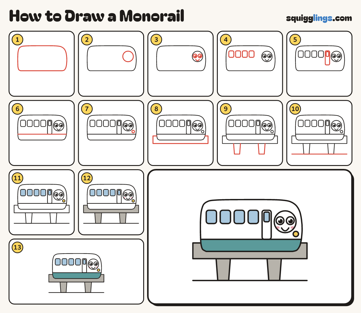 How to Draw a Monorail step by step: all 13 steps in one picture