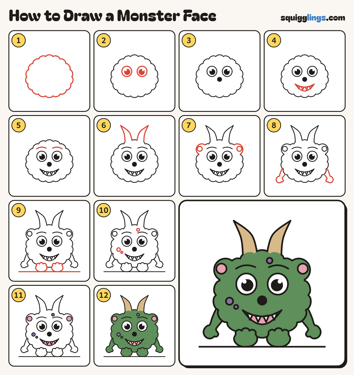 How to Draw a Monster Face step by step: all 12 steps in one picture