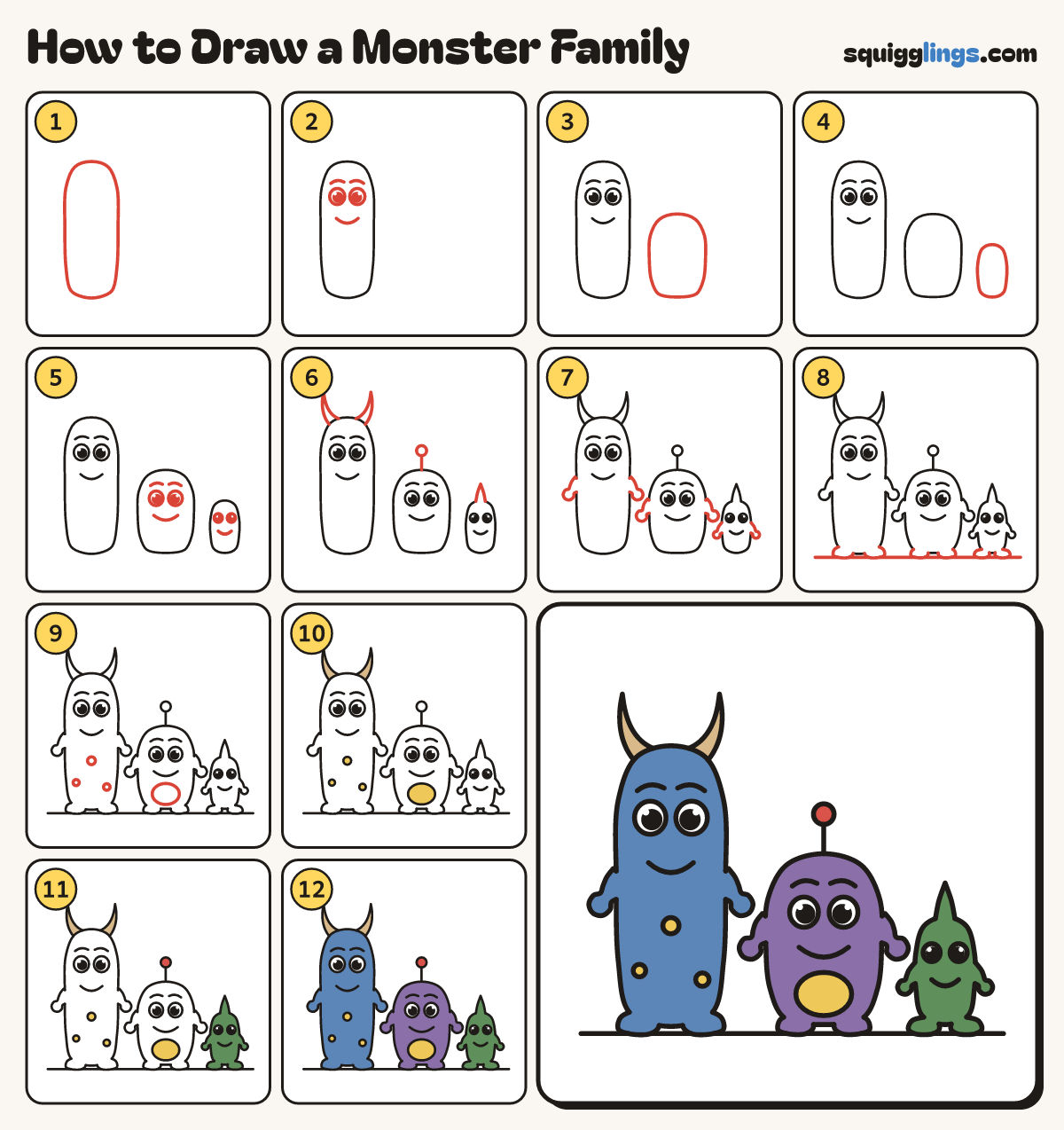 How to Draw a Monster Family step by step: all 12 steps in one picture