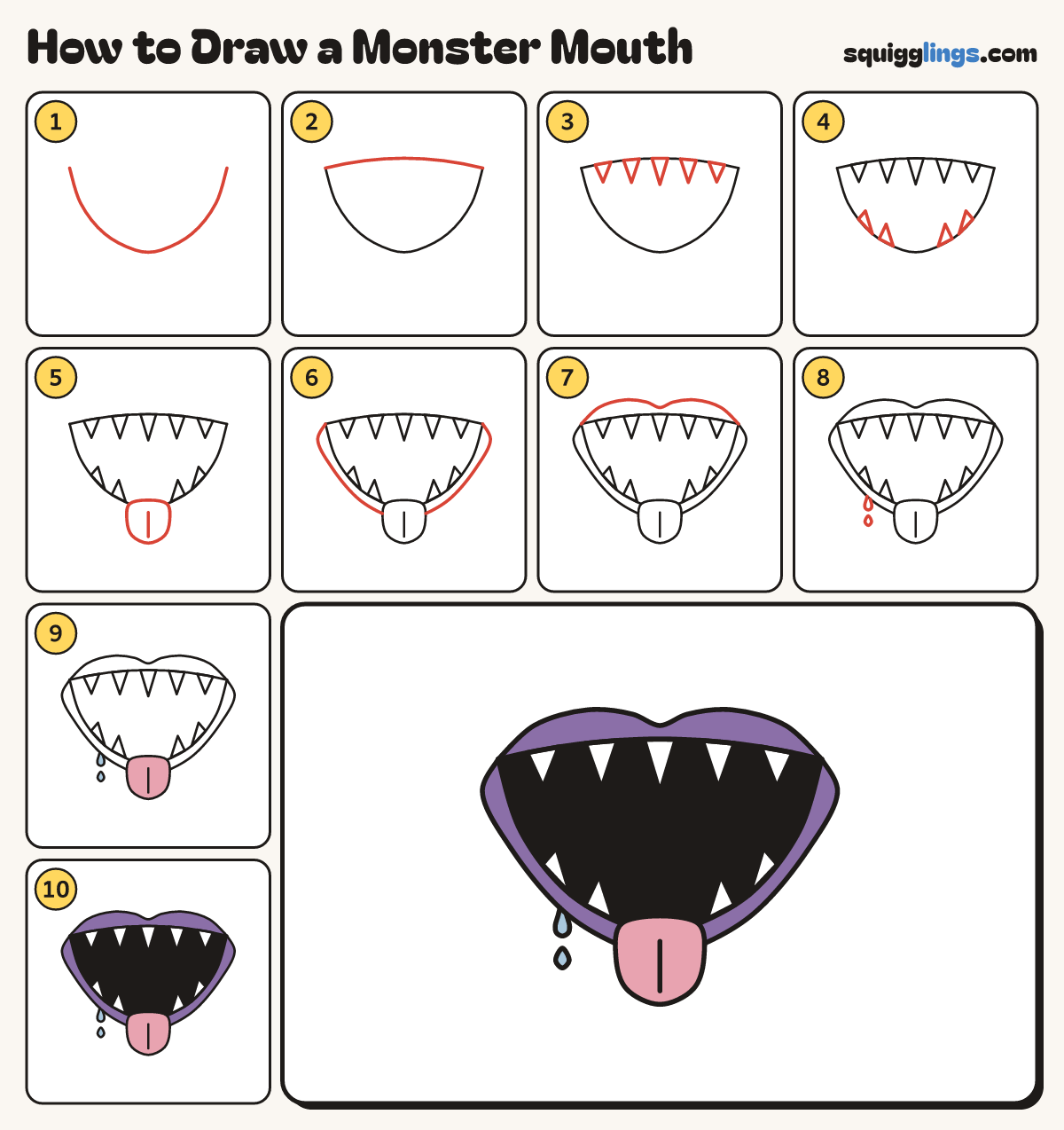 How to Draw a Monster Mouth step by step: all 10 steps in one picture