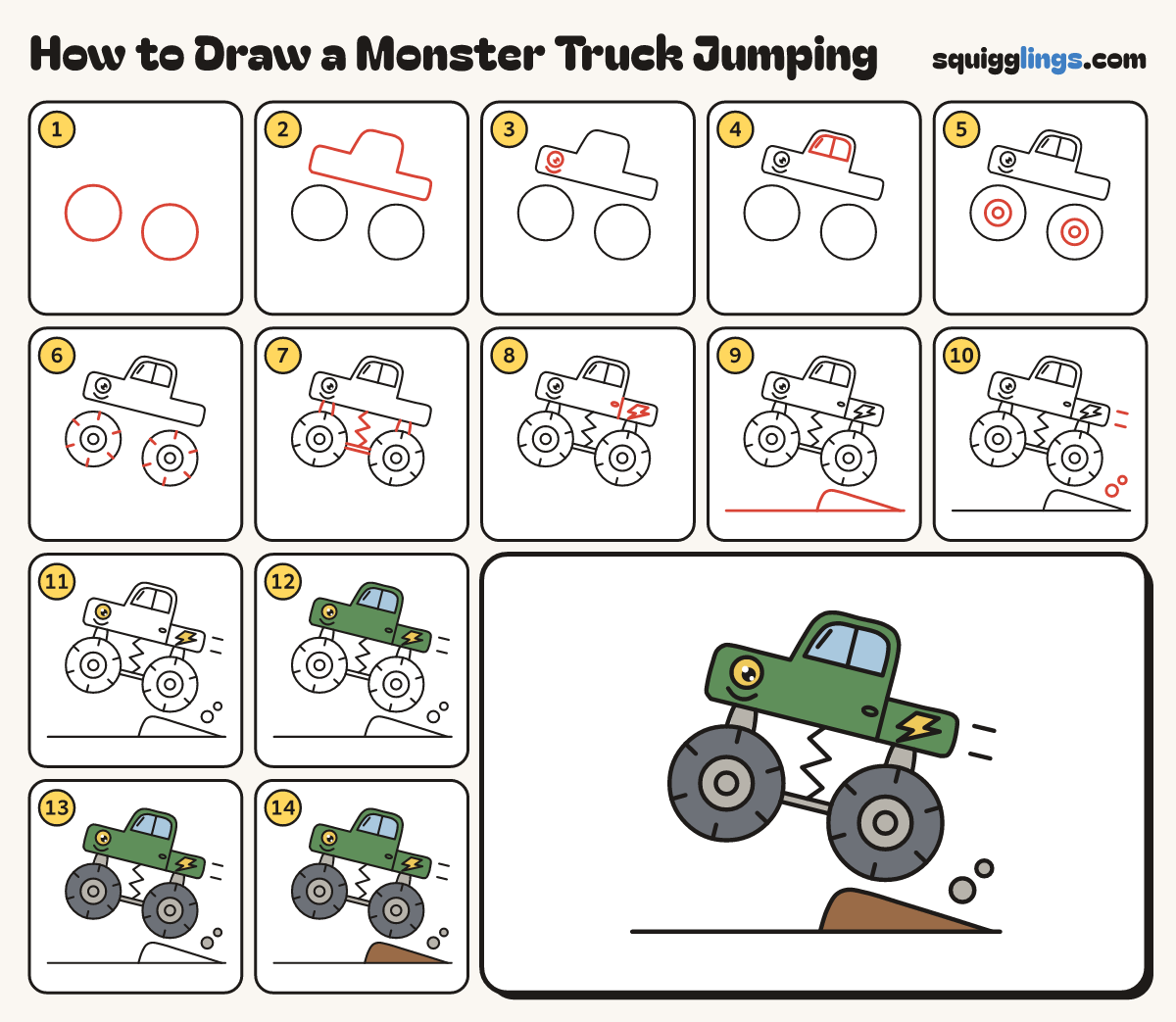 How to Draw a Monster Truck Jumping step by step: all 14 steps in one picture
