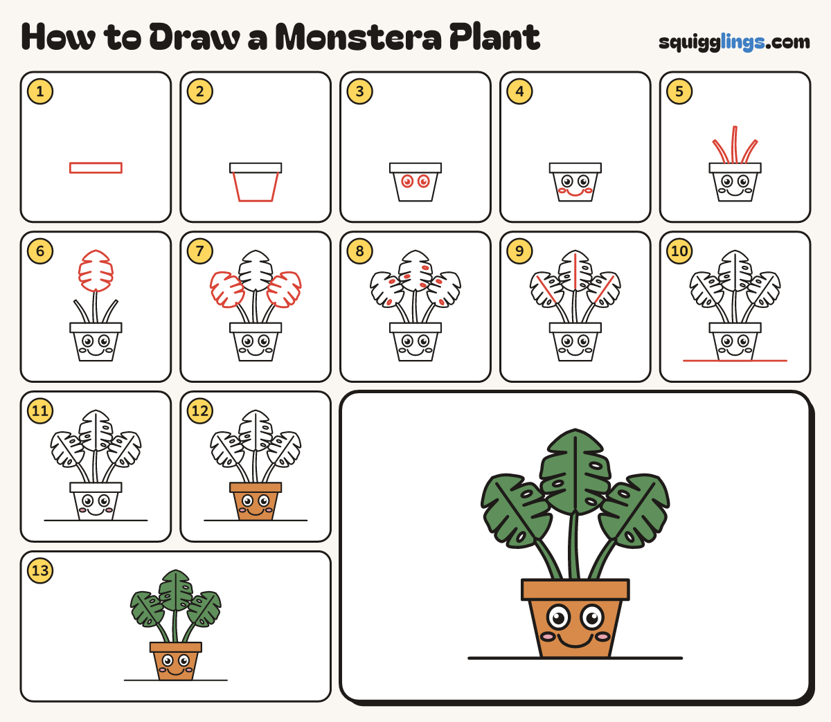 How to Draw a Monstera Plant step by step: all 13 steps in one picture