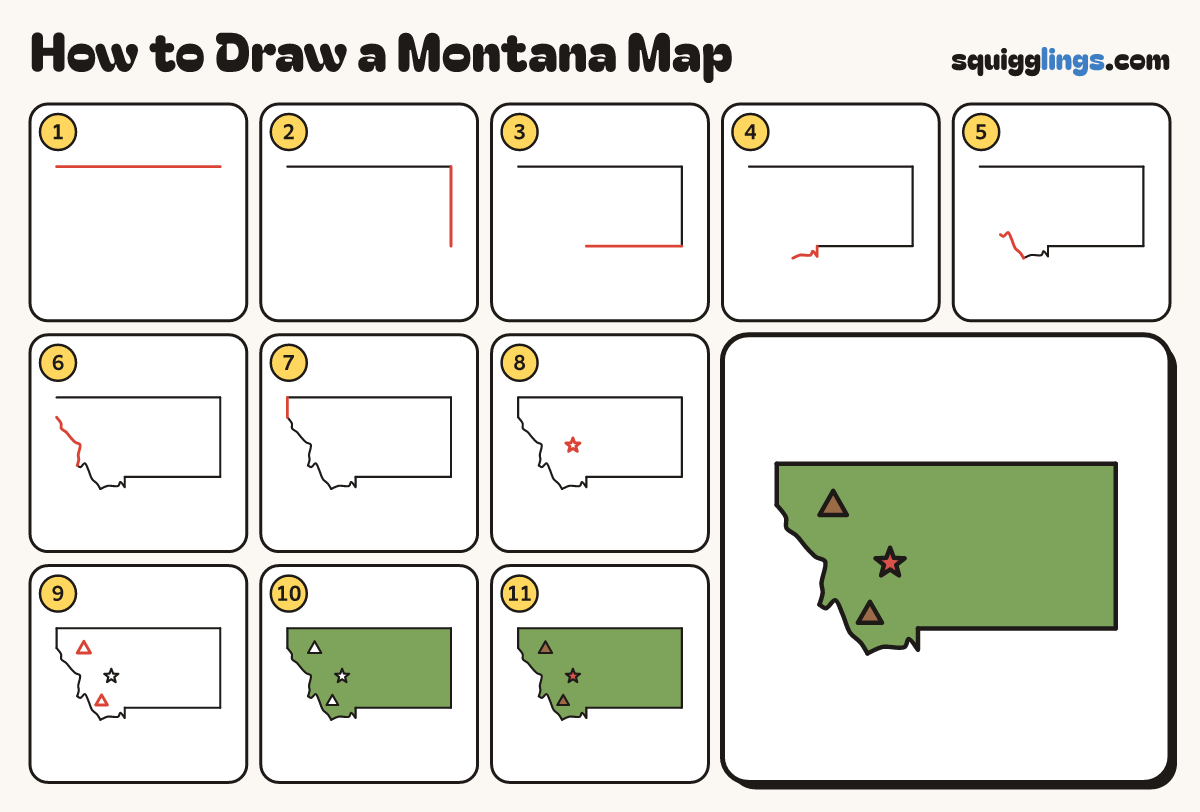 How to Draw a Montana Map step by step: all 11 steps in one picture
