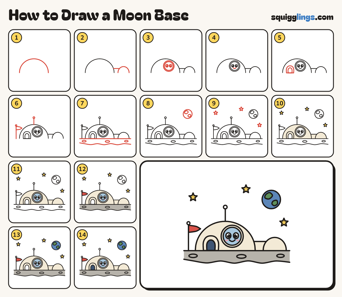 How to Draw a Moon Base step by step: all 14 steps in one picture